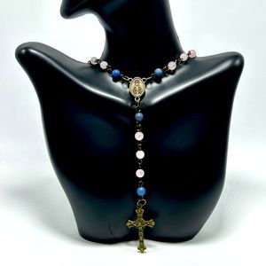 Handmade Rosary Necklace with Blue Sodalite & Crystal Quartz Gemstones!